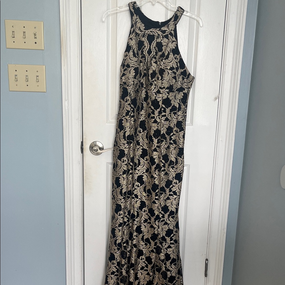 Night Way Collections Black and Gold Halter Maxi Dress